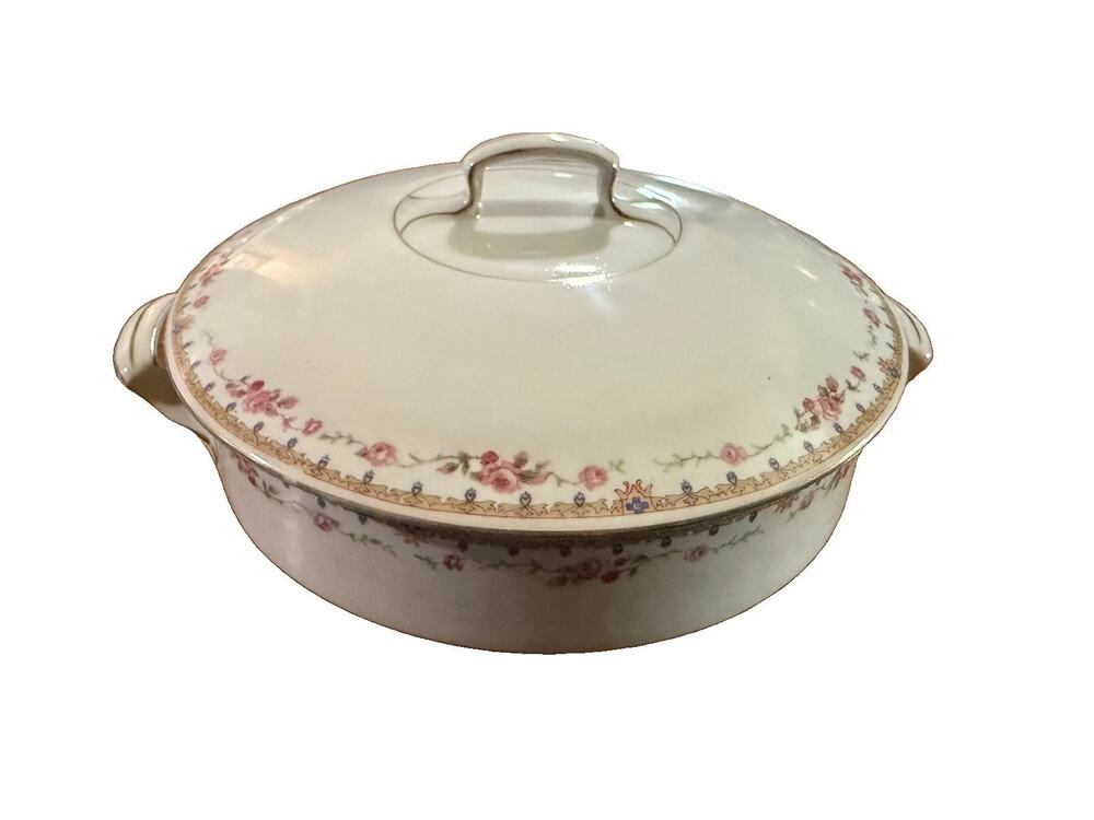 Antique J&G Meakin Hanley England Covered Vegetable Bowl Pink Rose Garland 8"